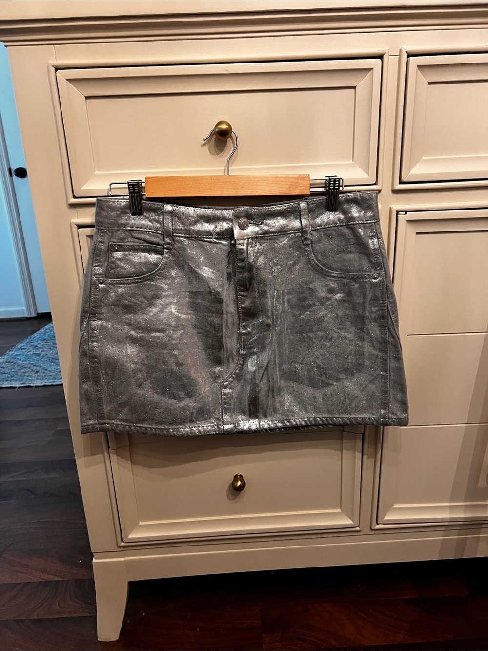 GB coated metallic silver Denim
Mini Skirt sz M
